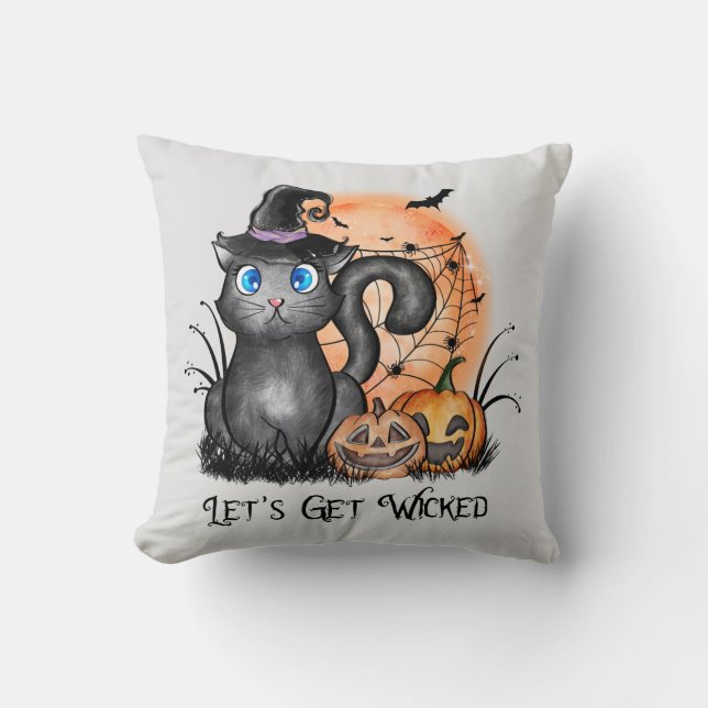 Black Witch Cat with Spider Web & Jack-O'-Lanterns Throw Pillow (Front)