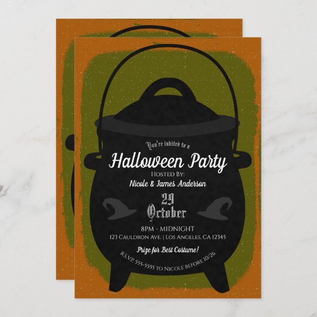 Black Witch Cauldron Orange Green Halloween Party Invitation (Front/Back)