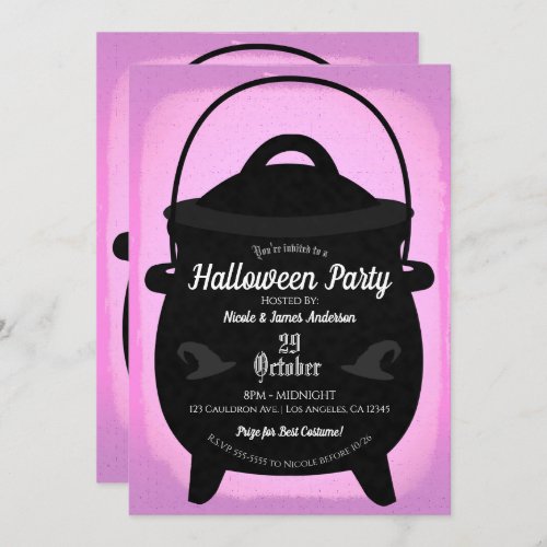 Black Witch Cauldron Pink Halloween Party Invitation
