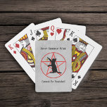 Black Witch Craft Cat in Pentagram Gold Star Grey Poker Cards<br><div class="desc">This deck of cards are grey with a red pentagram in a circle with a black cat reaching for a dangling gold star.  Customise the Never Summon What Cannot be Banished text with the template.</div>