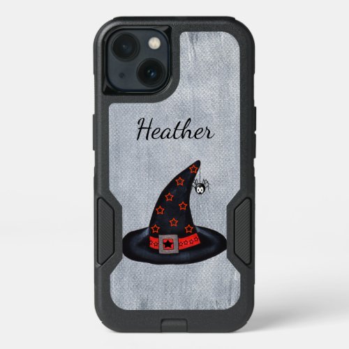 Black Witch Hat Cute Dangling Spider Orange Stars iPhone 13 Case