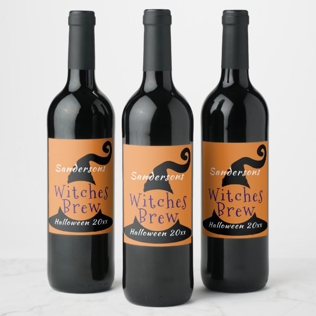 Black Witch Hat on Orange Halloween Editable Wine Label (Bottles)