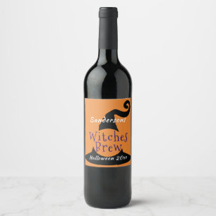 Black Witch Hat on Orange Halloween Editable Wine Wine Label