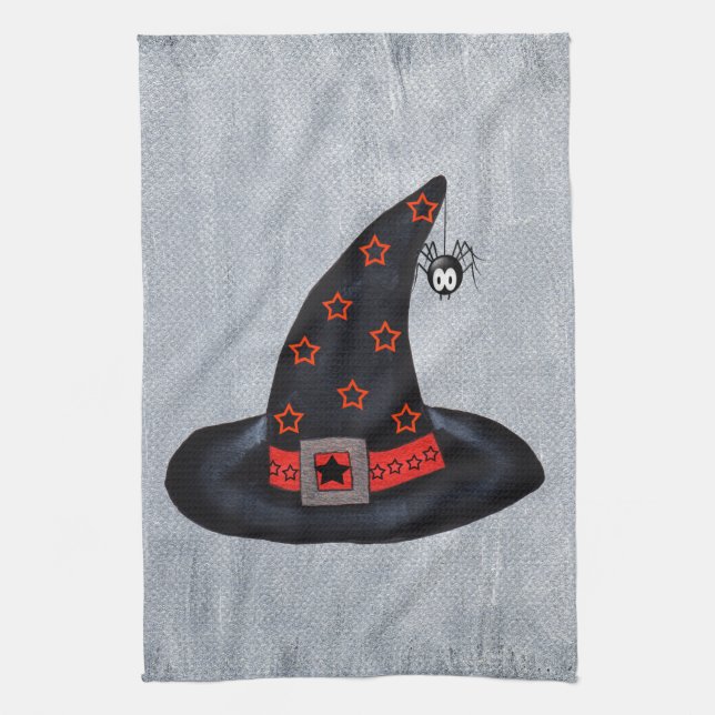 Black Witch Hat Orange Stars Cute Spider Halloween Kitchen Towel (Vertical)