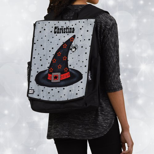 Black Witch Hat Orange Stars Sash Dangling Spider Backpack