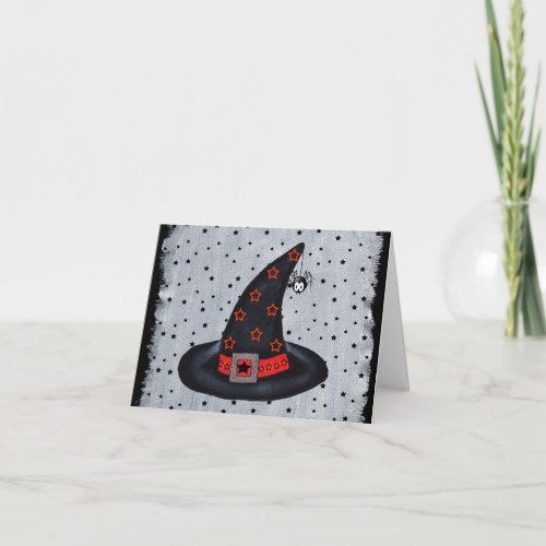 Black Witch Hat Silver Buckle Orange Black Stars Card
