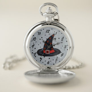 Black Witch Hat Silver Buckle Orange Black Stars Pocket Watch
