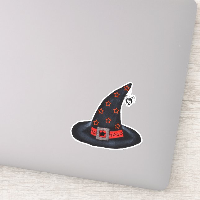 Black Witch Hat Silver Buckle Orange Stars Spider Sticker (Detail)