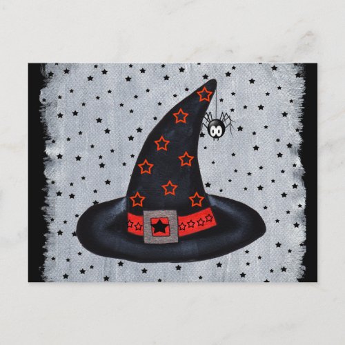 Black Witch Hat Stars Cute Hanging Spider Postcard