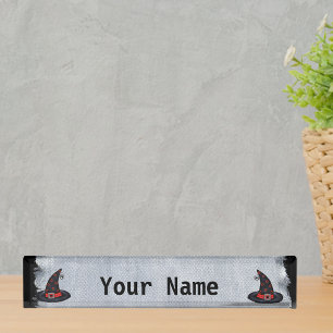 Black Witch Hat Stars Cute Spider Halloween Desk Name Plate