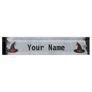 Black Witch Hat Stars Cute Spider Halloween Desk Name Plate