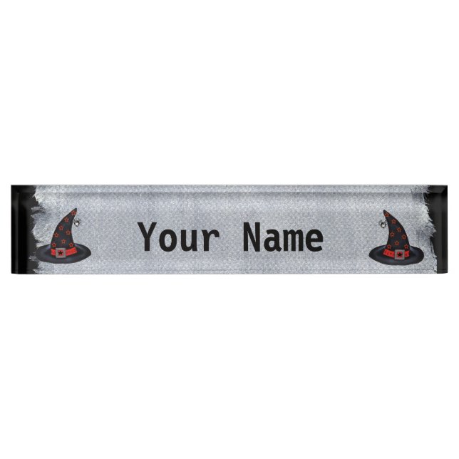 Black Witch Hat Stars Cute Spider Halloween Desk Name Plate (Front)