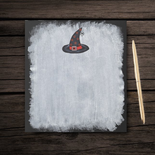 Black Witch Hat Stars Cute Spider Halloween Notepad (Black witch hat orange stars cute spider on black and white paper note pad.)