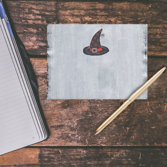 Black Witch Hat Stars Cute Spider Halloween Post-it Notes (Black witch hat with orange stars buckle and cute spider on painted texture white post it notes.)