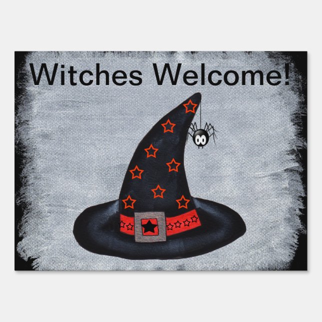 Black Witch Hat Stars Cute Spider Halloween Yard Sign (Front)