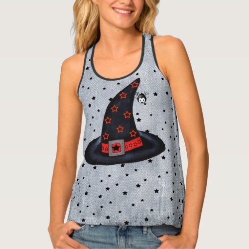 Black Witch Hat Stars Spider Silver Buckle Tank Top
