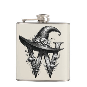 Black Witch Hat Witchy Letter W Custom Initial  Flask