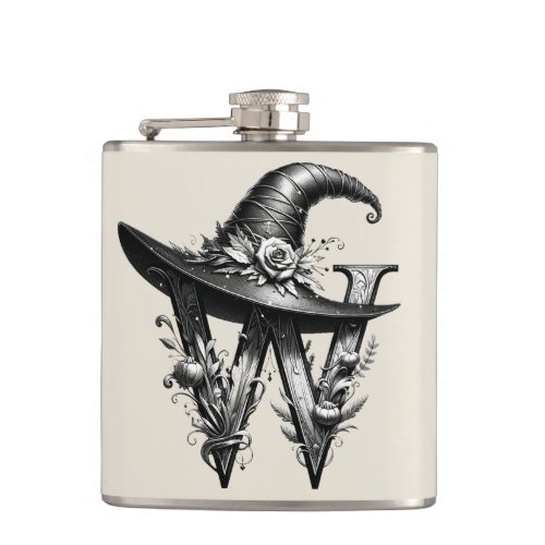 Black Witch Hat Witchy Letter W Custom Initial  Flask