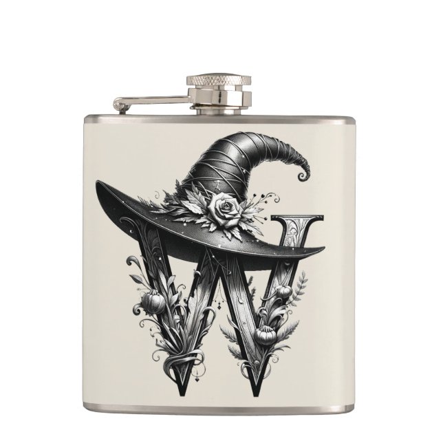 Black Witch Hat Witchy Letter W Custom Initial  Flask (Front)