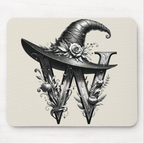 Black Witch Hat Witchy Letter W Custom Initial  Mouse Pad