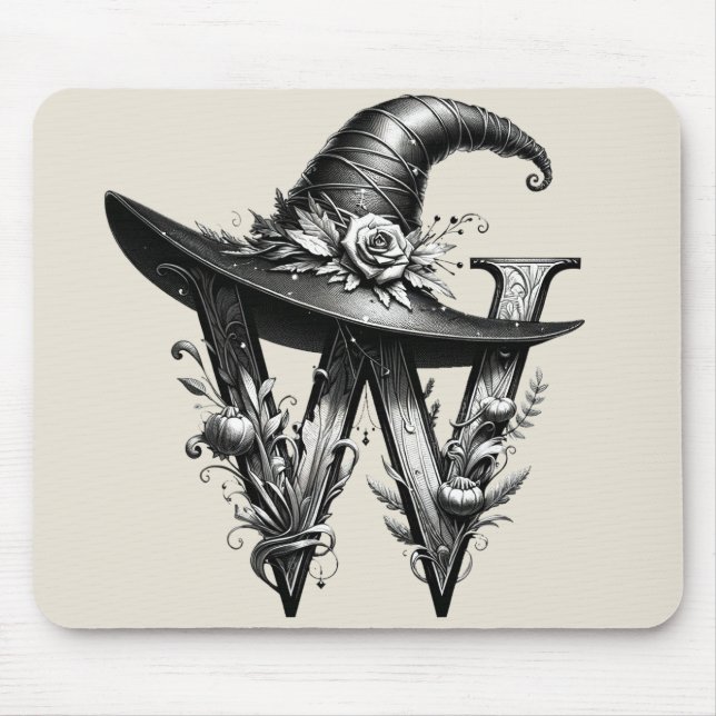 Black Witch Hat Witchy Letter W Custom Initial  Mouse Pad (Front)