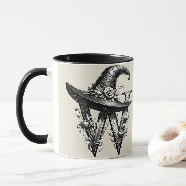 Black Witch Hat Witchy Letter W Custom Initial  Mug (With Donut)
