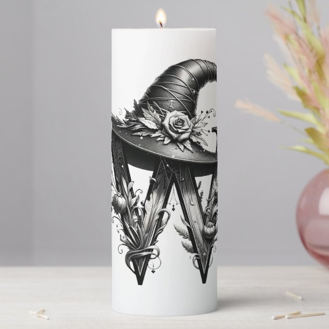 Black Witch Hat Witchy Letter W Custom Initial  Pillar Candle (In Situ)