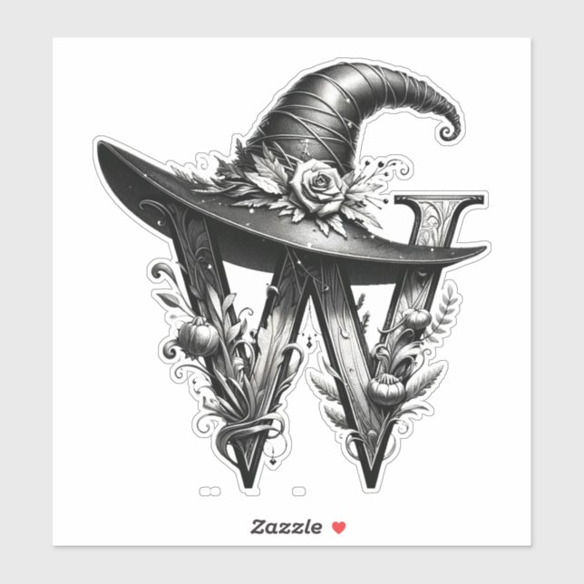 Black Witch Hat Witchy Letter W Custom Initial  Sticker (Sheet)