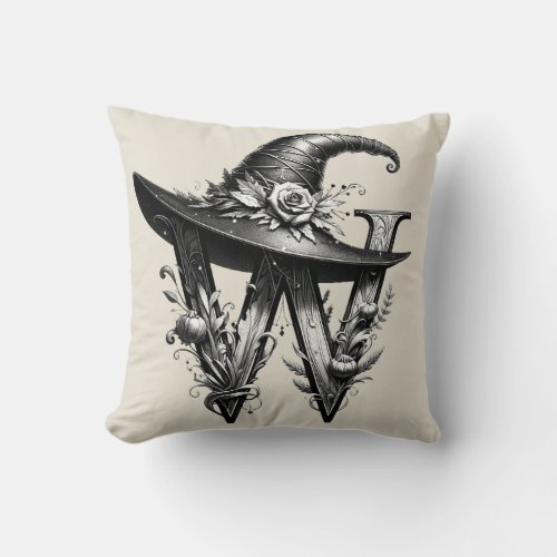 Black Witch Hat Witchy Letter W Custom Initial  Throw Pillow