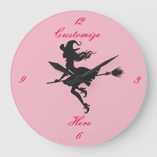 Black Witch Riding Broom Halloween Thunder_Cove Large Clock