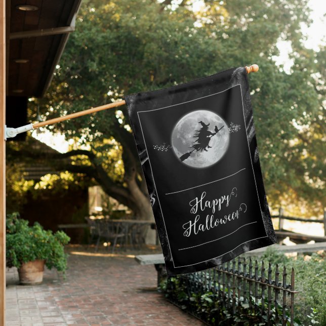 Black Witch Silhouette Halloween House Flag (In SItu)