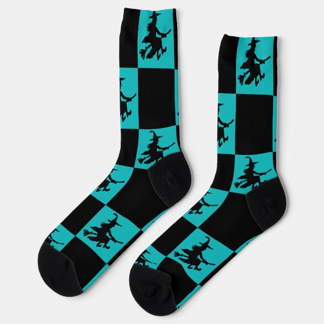 Black Witches Black & Teal Checkered Socks (Left)