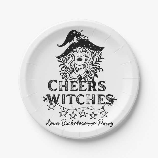Black Witches Halloween Bachelorette Party Paper Plates (Front)