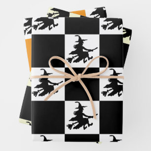 Black Witches on White, Yellow & Orange Checkered Wrapping Paper Sheets