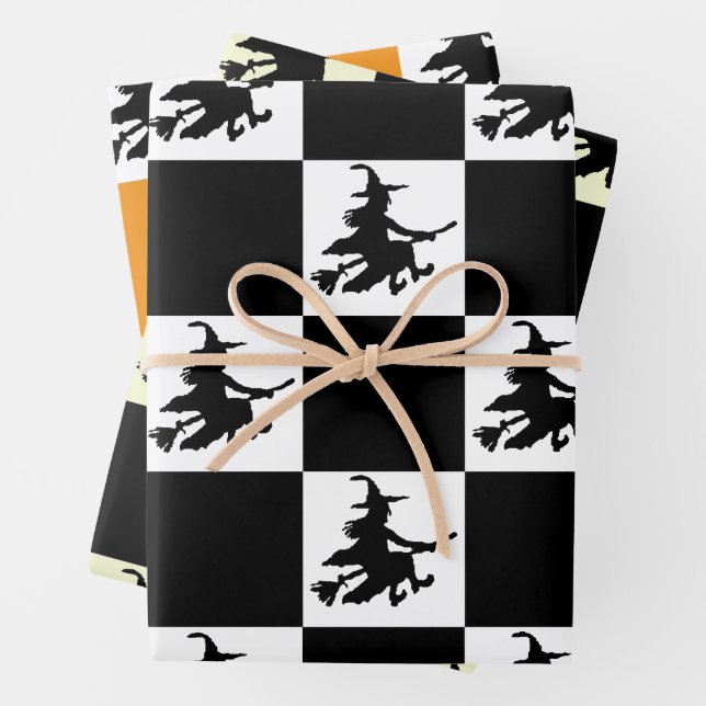Black Witches on White, Yellow & Orange Checkered Wrapping Paper Sheets (In situ)