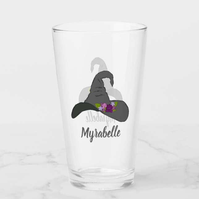 Black Witch's Hat with Flowers Personalized Glass (Front)