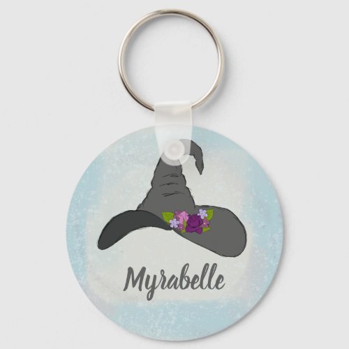 Black Witchs Hat with Flowers Personalized Keychain