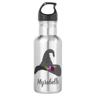 Black Witch's Hat with Flowers Personalized Stainless Steel Water Bottle