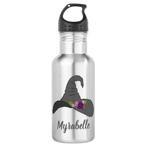 Black Witchs Hat with Flowers Personalized Stainless Steel Water Bottle