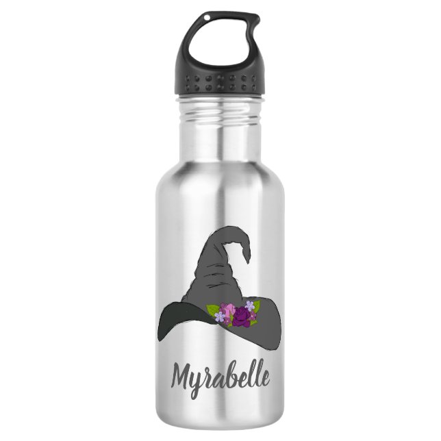 Black Witch's Hat with Flowers Personalized Stainless Steel Water Bottle (Front)