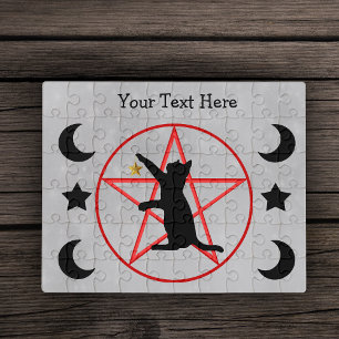 Black Witchy Cat Red Pentagram Black Moons Stars Jigsaw Puzzle