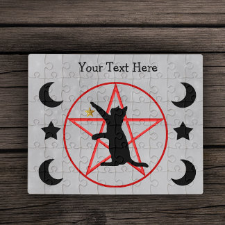 Black Witchy Cat Red Pentagram Black Moons Stars Jigsaw Puzzle