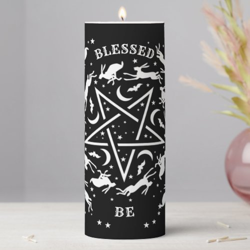 Black Witchy Gothic Pentagram and Pagan Hares Ther Pillar Candle