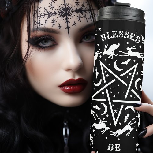 Black Witchy Gothic Pentagram and Pagan Hares Ther Thermal Tumbler