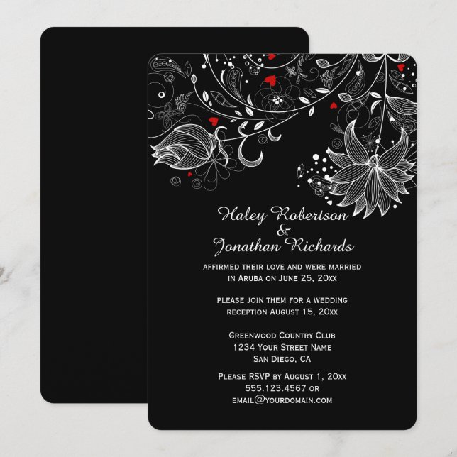 Black with Abstract White Flowers Red Hearts Invitation (Front/Back)