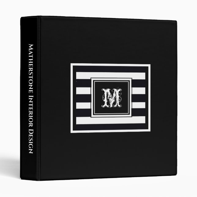 Black with B & W Stripes Chic Monogram Business 3 Ring Binder (Front/Spine)