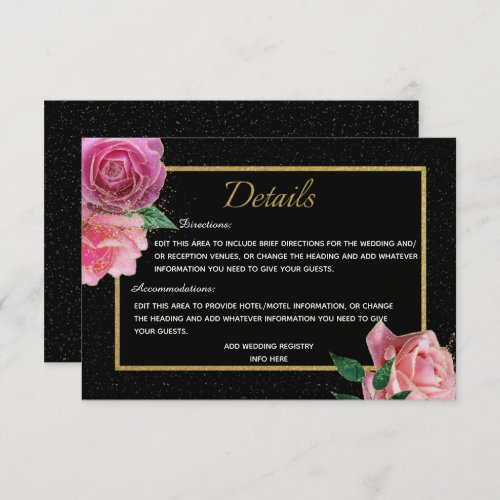 Black with Black Glitter  Pink Rose Gold Details Enclosure Card