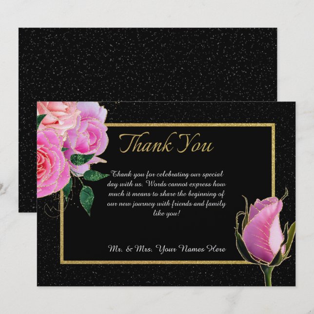 Black with Black Glitter & Pink Roses Gold Wedding Thank You Card (Front/Back)