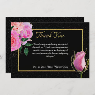 Black with Black Glitter & Pink Roses Gold Wedding Thank You Card