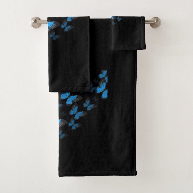 Black with blue butterflies bath towel set (Insitu)